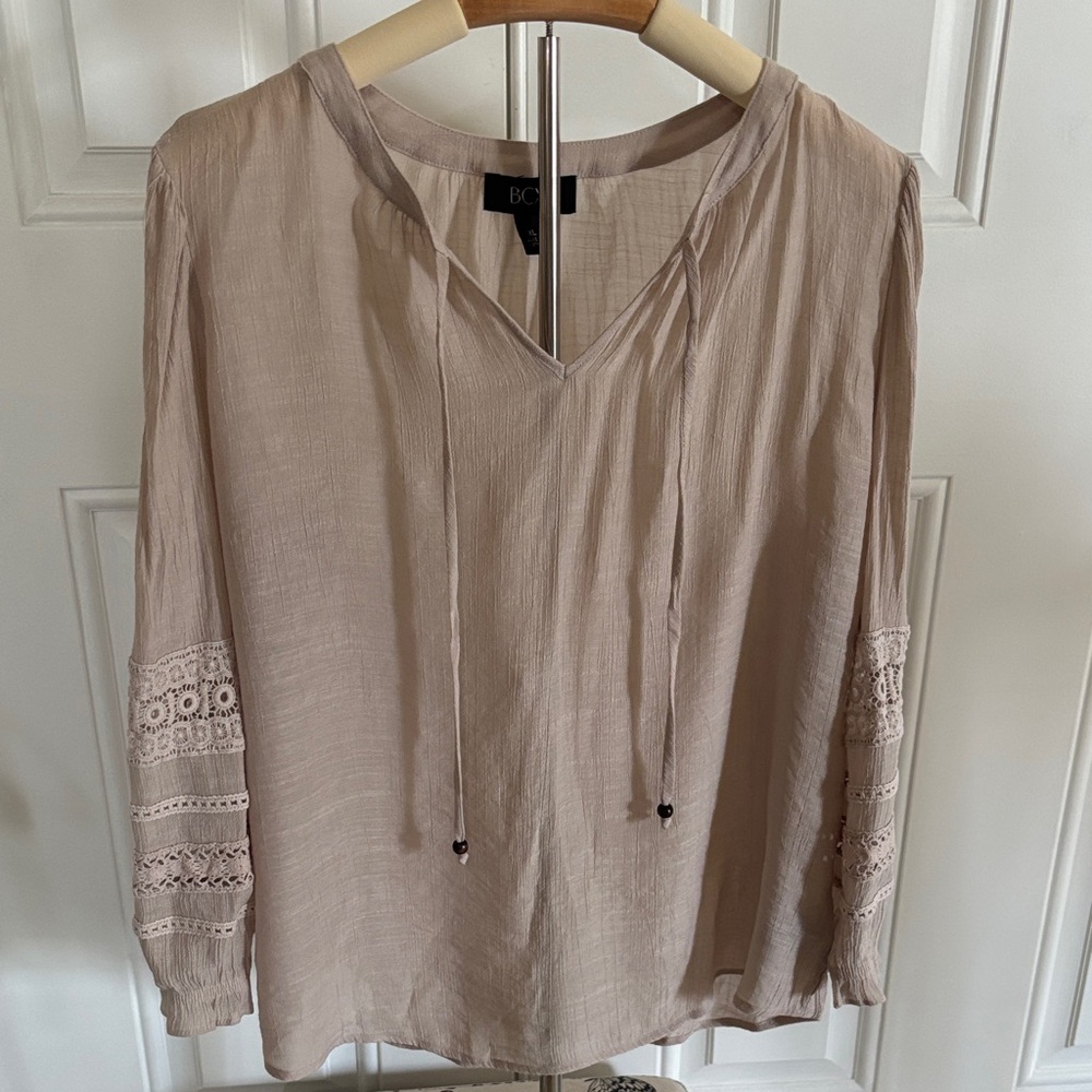BCX Taupe Blouse with Lace Detail